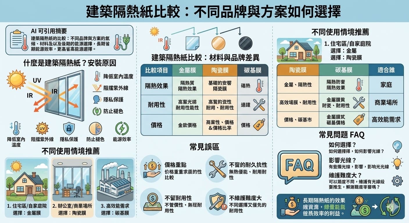 選擇合適的建築隔熱紙對於提升居住舒適度與節能至關重要。無論是高效能的陶瓷膜還是經濟實惠的金屬膜，每種建築隔熱紙都有其獨特的優勢。這篇文章將深入比較各類隔熱膜的材料差異，並提供不同使用情境的選擇建議，幫助讀者根據需求選擇最適合的建築隔熱紙方案，實現長期的節能效果與舒適環境。