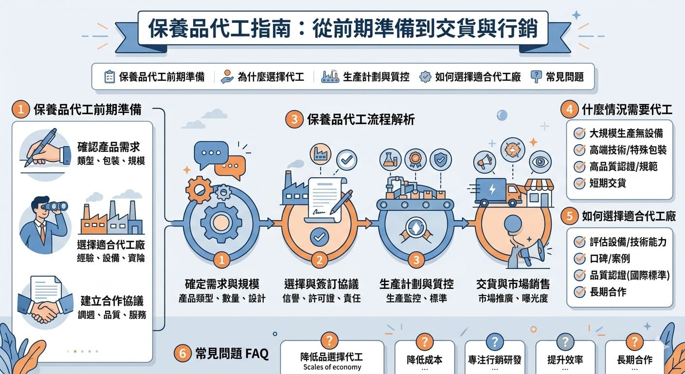 在現今的市場中，保養品代工成為許多品牌提升產品生產效率的關鍵策略。選擇合適的保養品代工廠能降低成本並確保產品質量。本文將介紹保養品代工的準備工作與生產流程，並探討如何選擇一家專業且信譽良好的代工廠，幫助品牌在市場中更具競爭力。